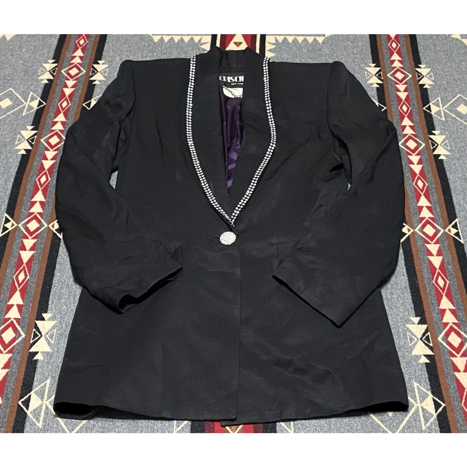 image of Vintage Criscione New York Cache Blazer VTG Size S Rhinestones Black White Br, Women's