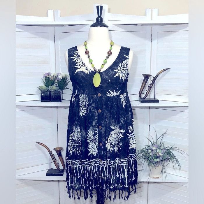 Streetwear Pineapple Moon boho white navy blue floral fringes dress L