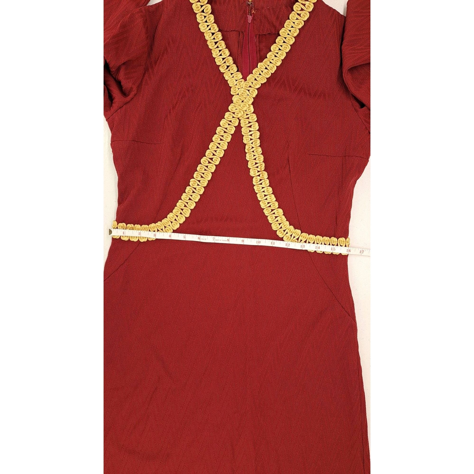 Handmade Vintage Handmade Maroon Dress Gold Gimp Trim Long Sleeve Size M / US 6-8 / IT 42-44 - 15 Thumbnail