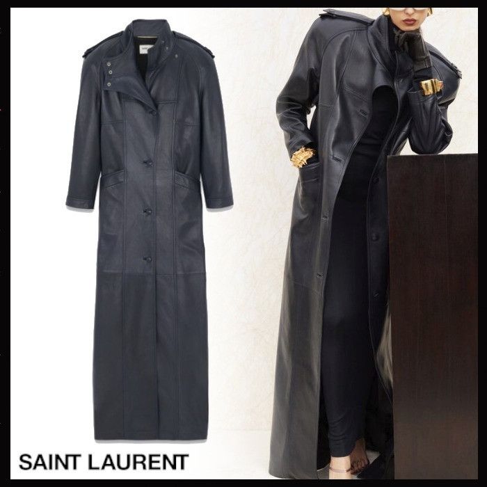 Saint Laurent Paris o1b1hav111224 Long Coat in Lambskin in Dark Spruce Blue Size XS / US 0-2 / IT 36-38 - 3 Thumbnail