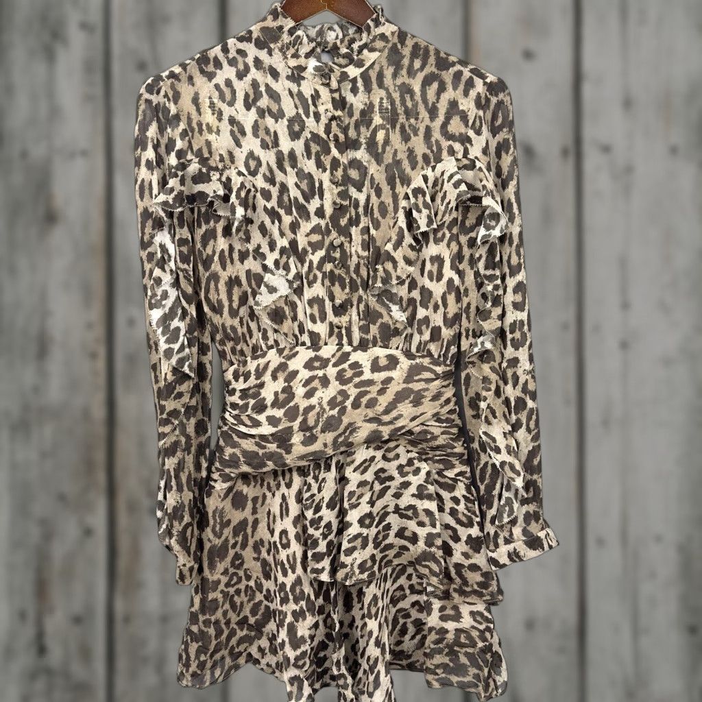 NICHOLAS NICHOLAS Leopard Print Dress Womens Small Short Mini Ruffle Silk Blend Lined Brown Casual Business Party 90s Theme Womens S Size S / US 4 / IT 40 - 1 Thumbnail