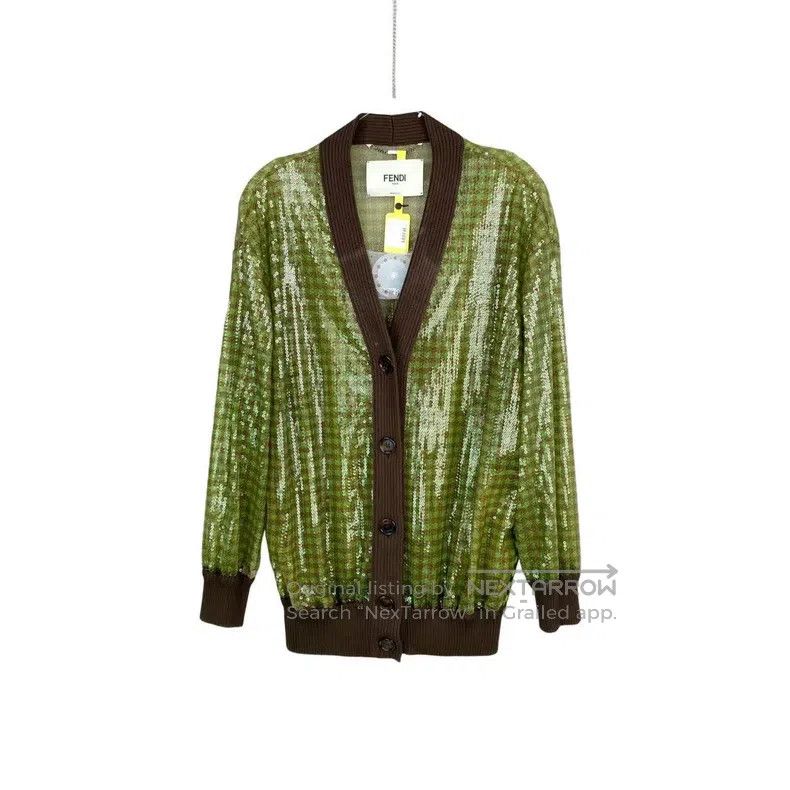 Fendi Nylon Green Glitter Checkered Cardigan