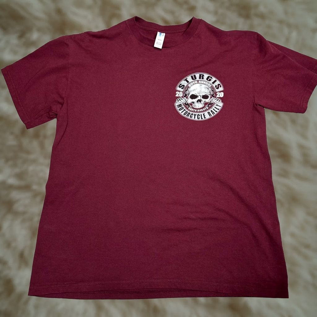 Vintage Suna Mens Sturgis 2020 Motorcycle Rally Short Sleeve T-Shirt L Burgundy Slim Fit Size US L / EU 52-54 / 3 - 1 Thumbnail