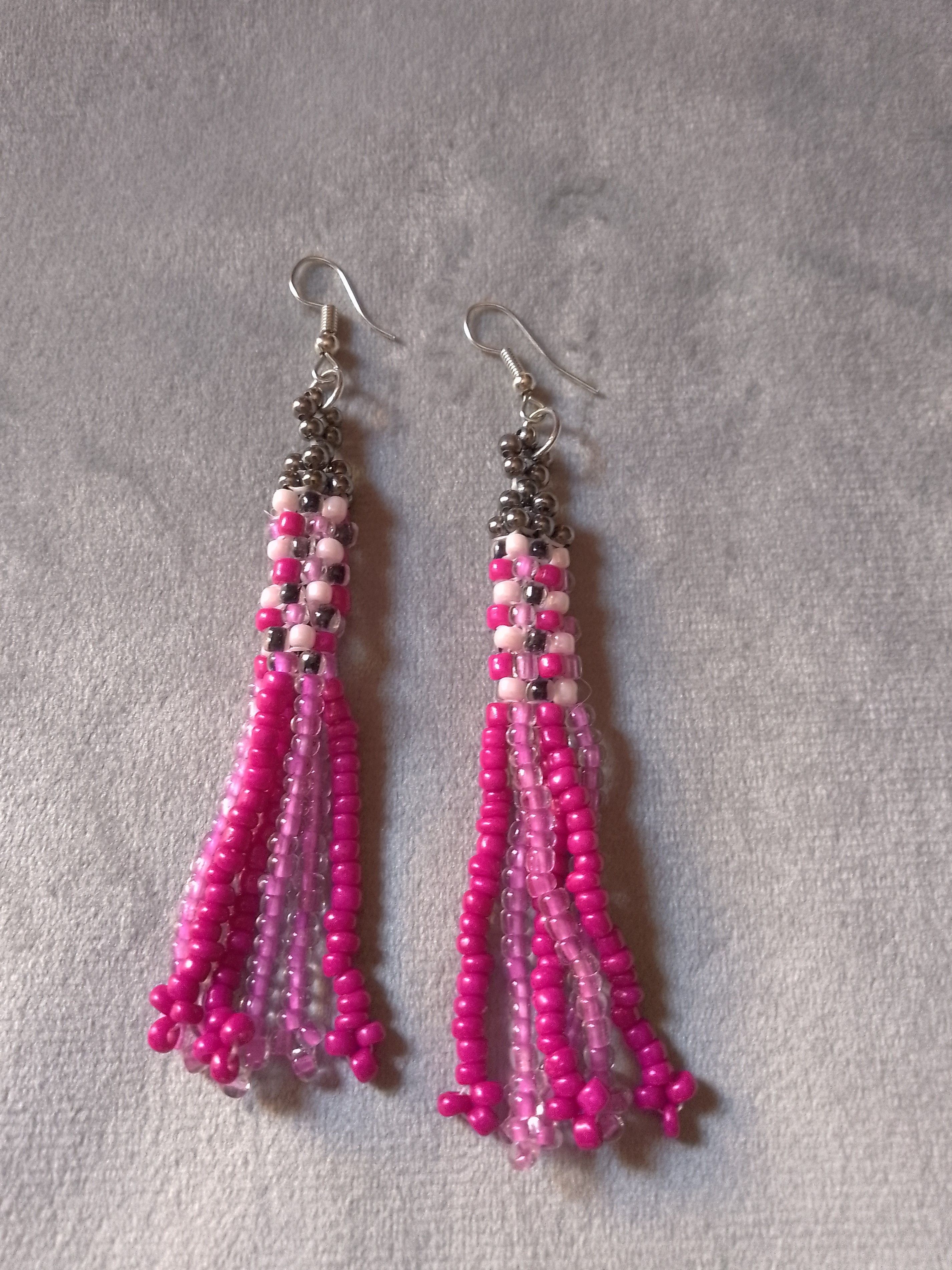 Handmade Earrings Long Bangs Chessboard Pattern Pink Size ONE SIZE - 4 Thumbnail