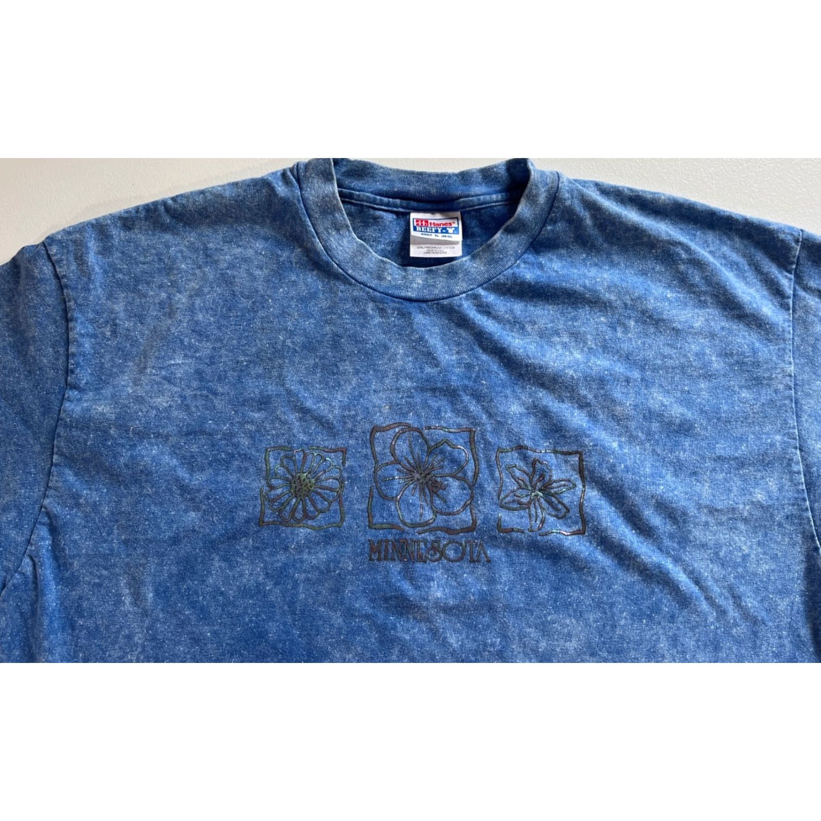 Hanes VINTAGE Hanes Beefy-T T-Shirt Unisex Adults Minnesota Acid Wash 90s Print Made in USA XL Blue 100% Cotton Crew Neck Short Sleeve USA Size US XL / EU 56 / 4 - 3 Thumbnail