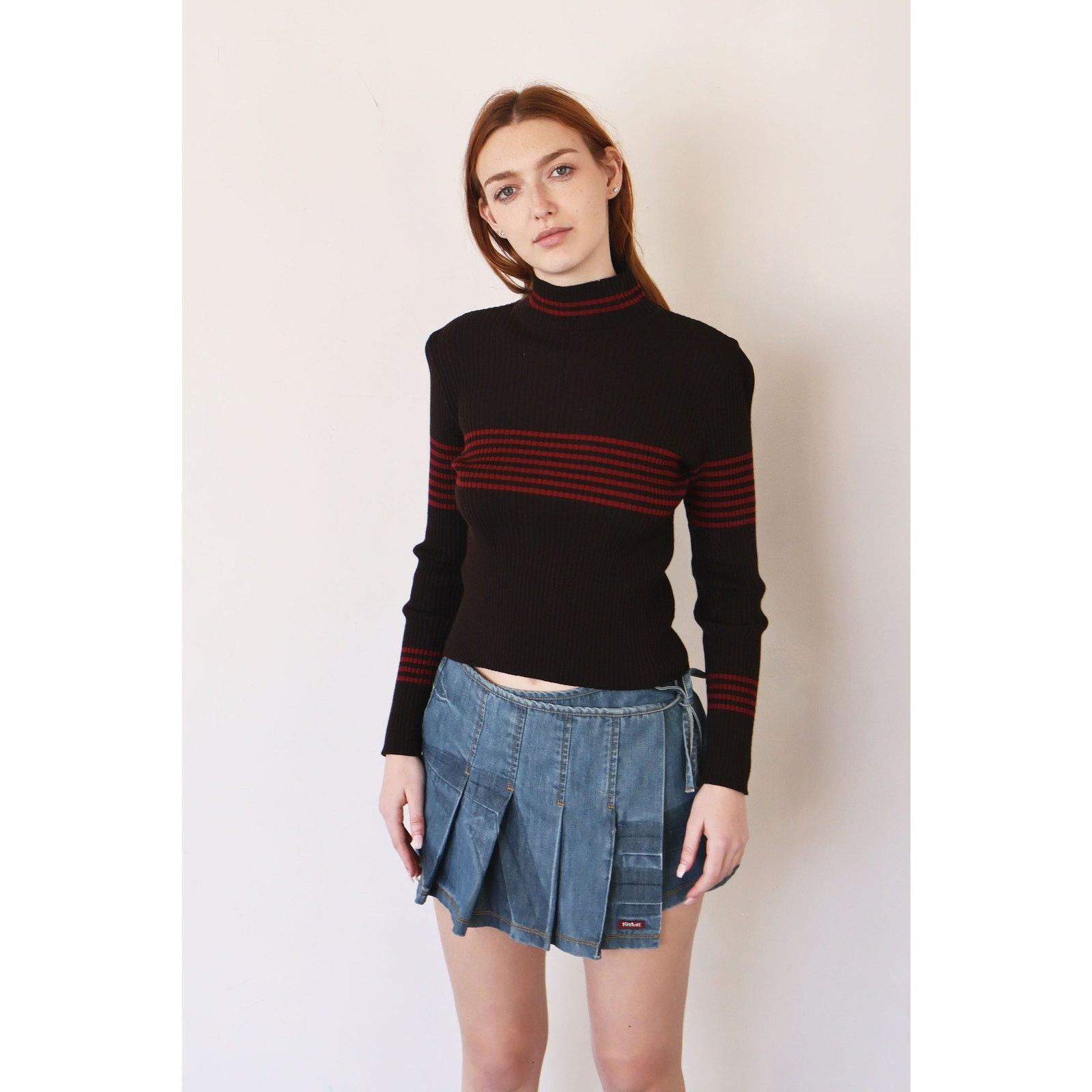Celine Vintage CELINE Brown + Red Ribbed Striped Turtleneck Size M / US 6-8 / IT 42-44 - 2 Thumbnail