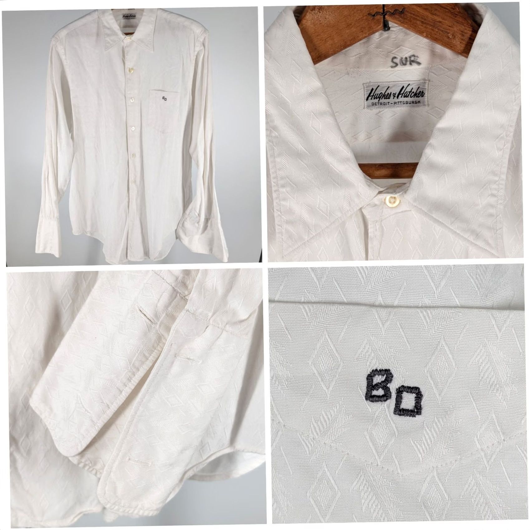 Vintage VINTAGE Hughes & Hatcher White Textured Dress Shirt French Cuff Monogram BD 44 Regular Long Sleeve 1950s Mens White Cotton Shirt Size 44R - 2 Thumbnail
