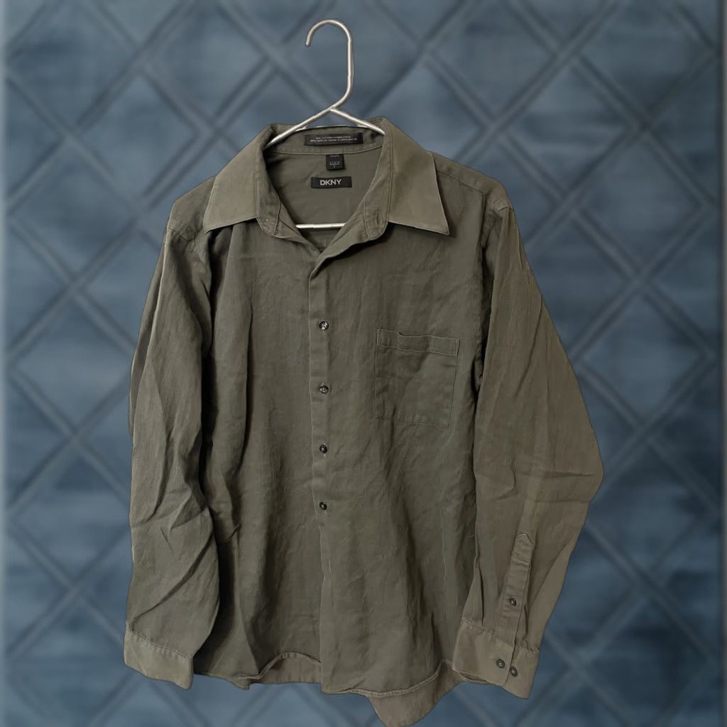 DKNY DKNY Dress Shirt Long Sleeve Button Solid 100% Cotton Gray Mens Large Slim Fit Shirt Size 42R - 1 Thumbnail