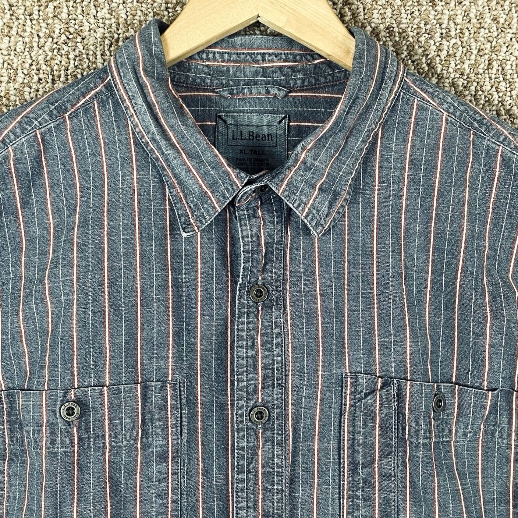 Vintage LL Bean Mens Denim Shirt XL Tall Blue Red Striped Workwear Button T732 Size US XL / EU 56 / 4 - 2 Thumbnail