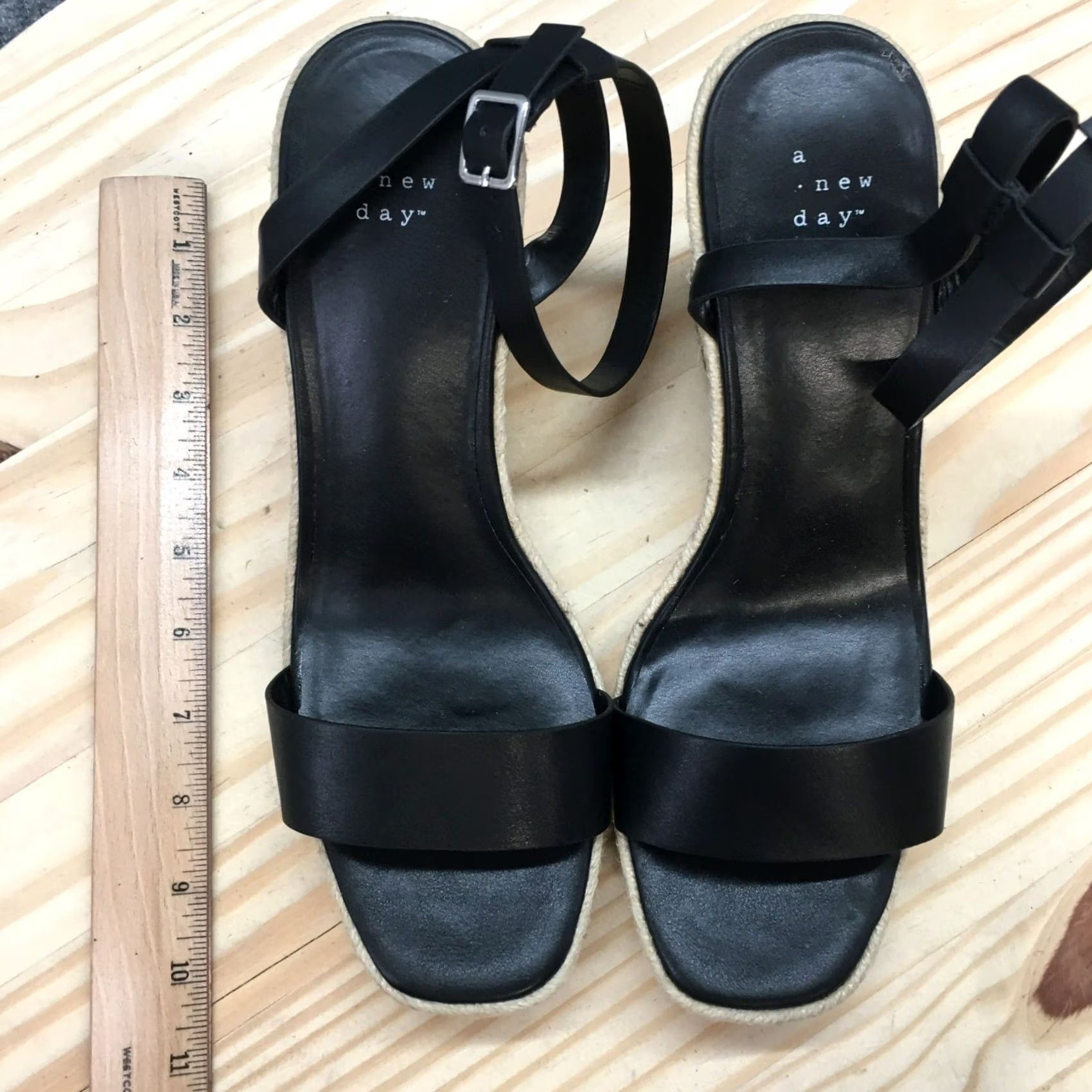 Vintage A New Day Sandals Womens 10 Ankle Straps Espadrilles Black Faux Leather Wedge Size US 10 / IT 40 - 6 Thumbnail