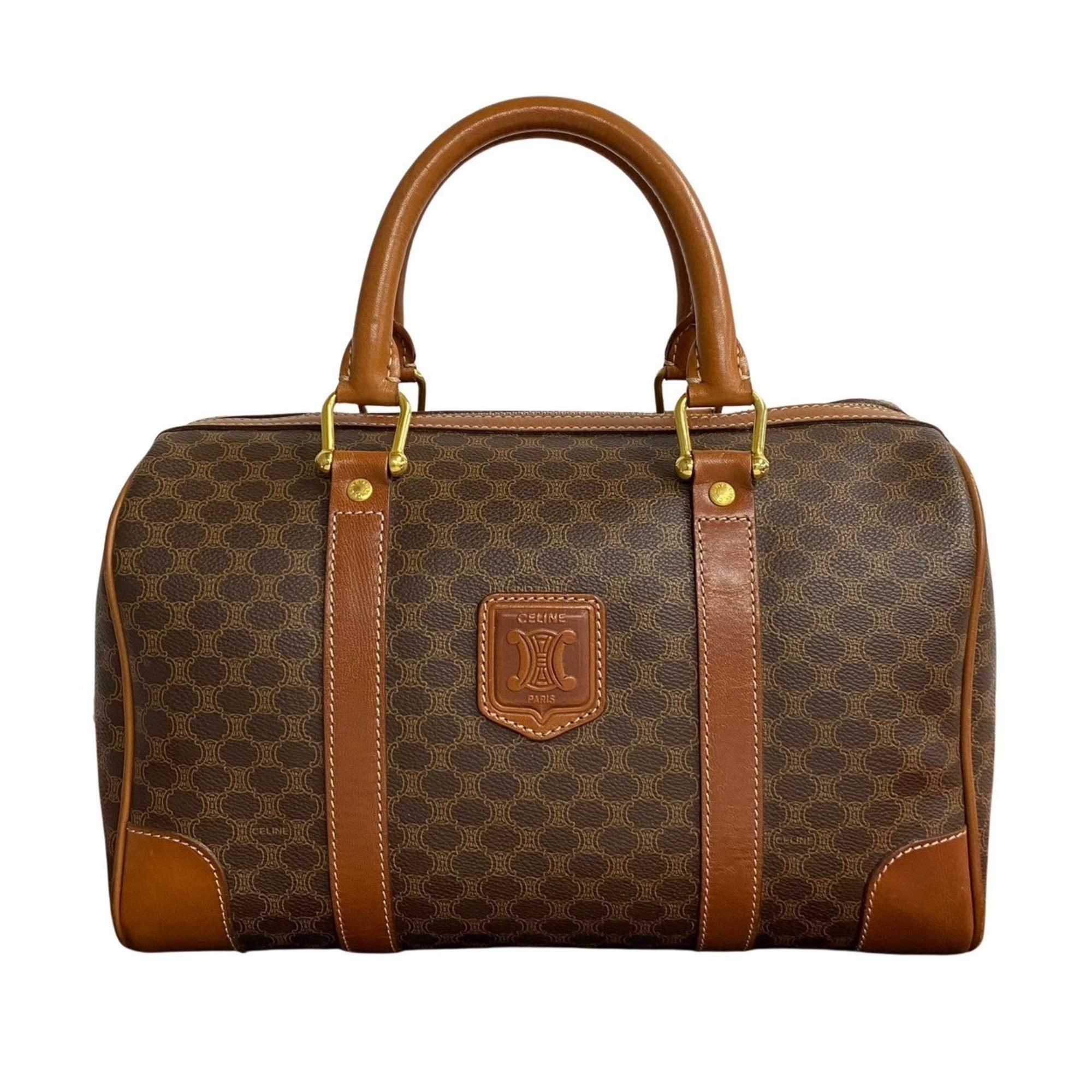 image of Celine Macadam Blason Pattern Leather Boston Bag Handbag Brown 30250, Women's