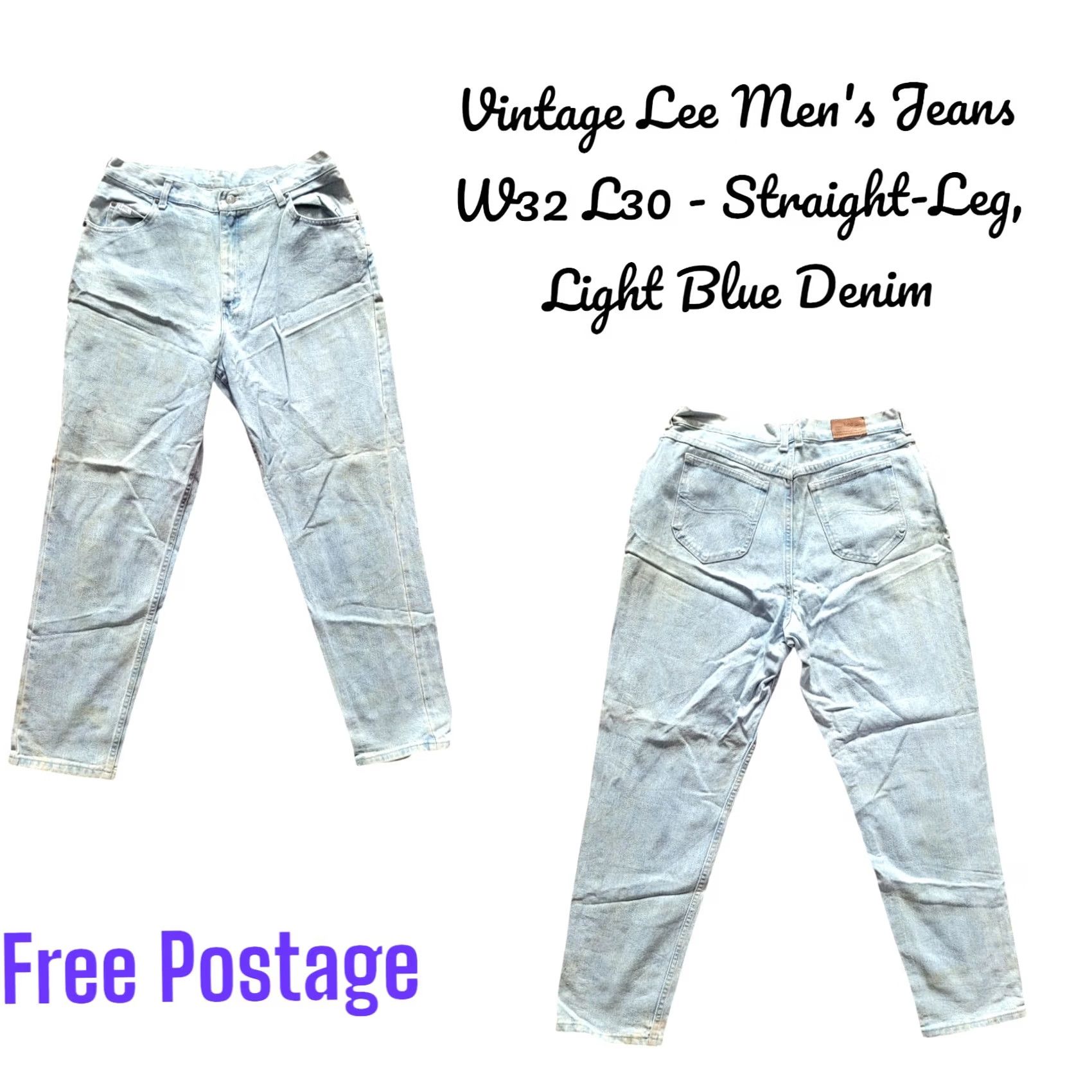 Lee VINTAGE Lee Jeans W32 L30 - Lee Men’s Jeans W32 L30, Straight, 100% Cotton Denim, Light Blue, Vintage Size US 32 / EU 48 - 2 Thumbnail