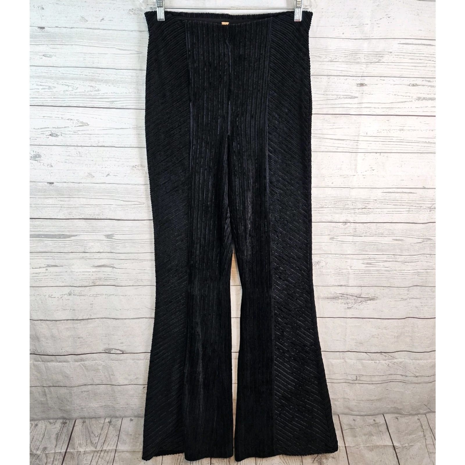 Free People Free People Womens Ribbed Velvet Flare Pants Sz Large Black Pull On High Rise Size 36" / US 14 / IT 50 - 2 Thumbnail