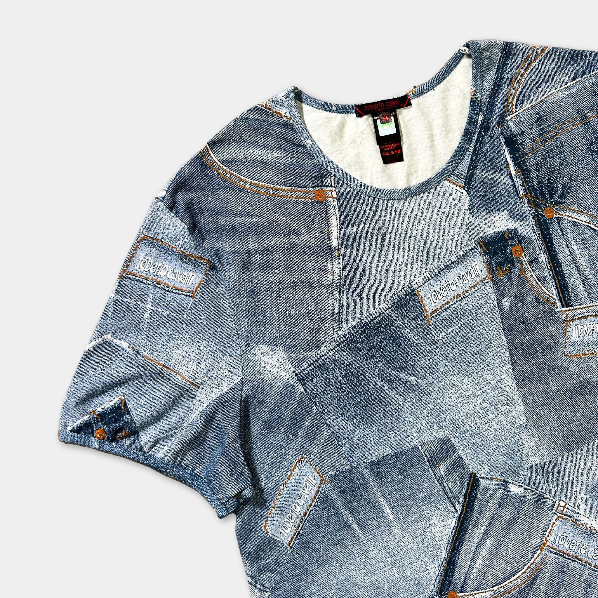 Just Cavalli Just Cavalli Blue Printed Denim Graphic Tee Size US XL / EU 56 / 4 - 2 Thumbnail