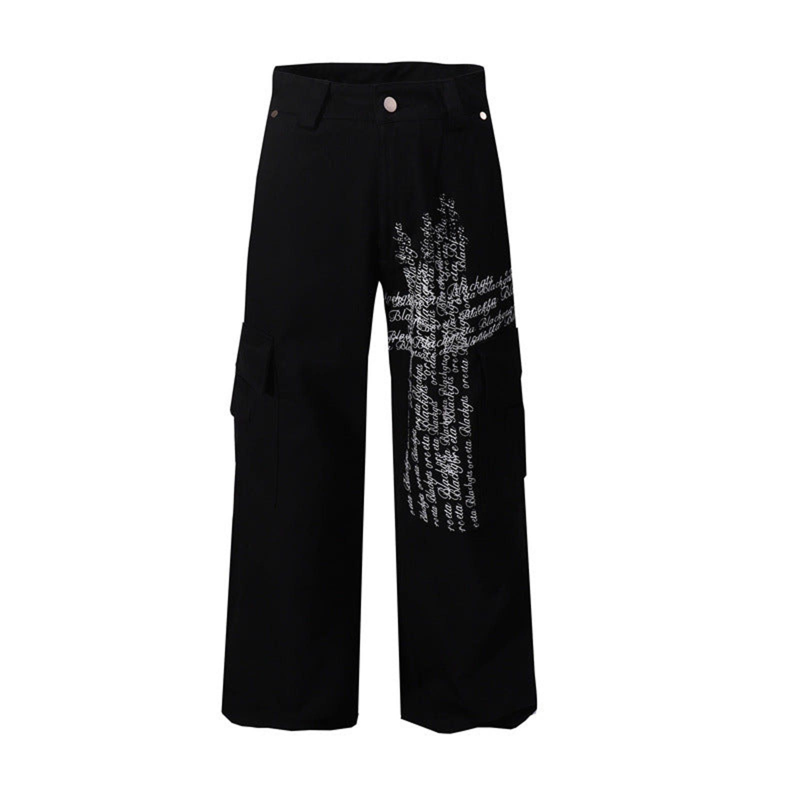 Other Black Wide Leg Cargo Pants with White Script Print Size US 30 / EU 46 - 1 Thumbnail