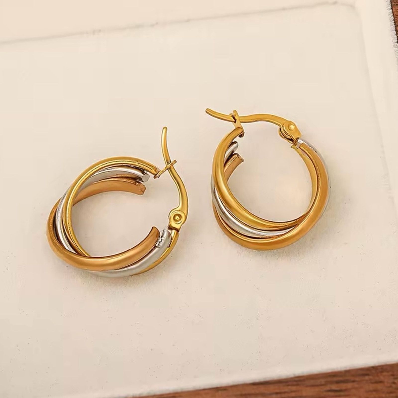Other Stainless Steel Twisted Tricolor Hoop Earrings for Women Size ONE SIZE - 3 Thumbnail