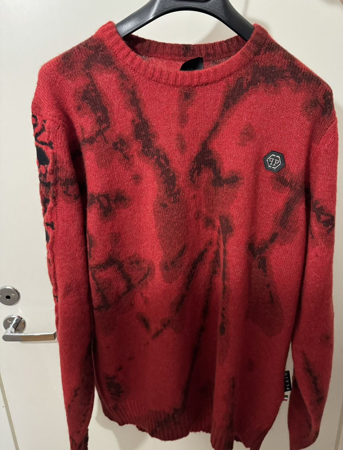 image of Philipp Plein Skull Bleach-Wash Crew Neck Sweatshirt in Red, Men's (Size XL)