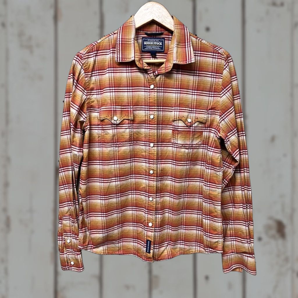 Vintage Rough Stock WOMEN'S Western Snap Shirt M Orange Slim Plaid Long Sleeve Button-Up with Pockets Vintage: No Size M / US 6-8 / IT 42-44 - 1 Thumbnail