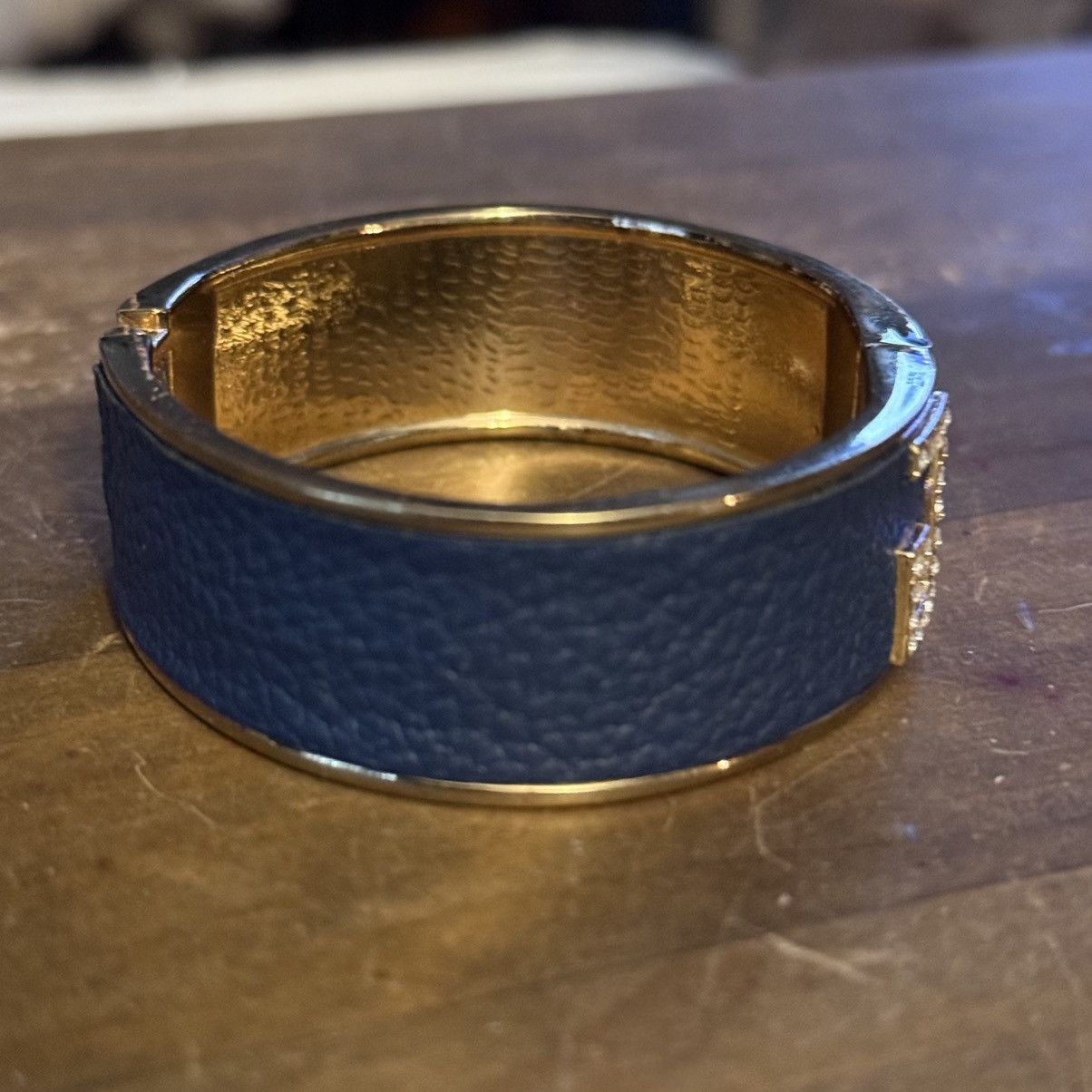 Other Gold navy blue leather rhinestone accent bangle bracelet Size ONE SIZE - 4 Thumbnail
