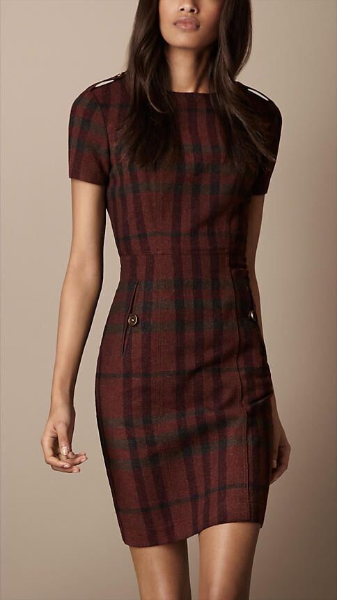 image of Burberry Brit Wool Blend Fitted Check Dress in Brown, Women's (Size XS)