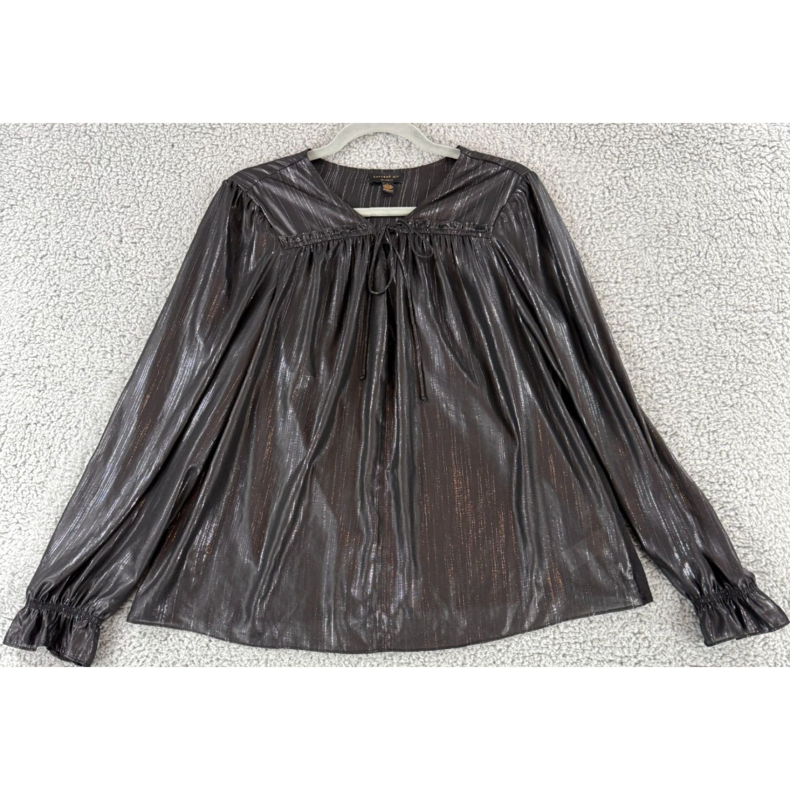 Vintage Current Air Top Womens Large Black Silver Metallic Long Sleeve Tie-Neck Flowy Blouse Size L / US 10 / IT 46 - 2 Thumbnail