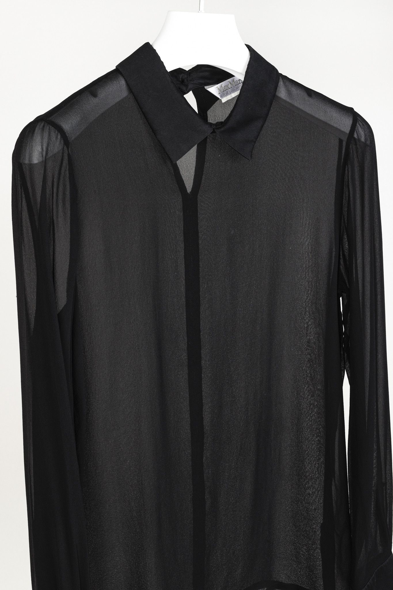 Max Mara Max Mara Black Sheer Satin-Trim Collared Blouse Size M / US 6-8 / IT 42-44 - 3 Thumbnail
