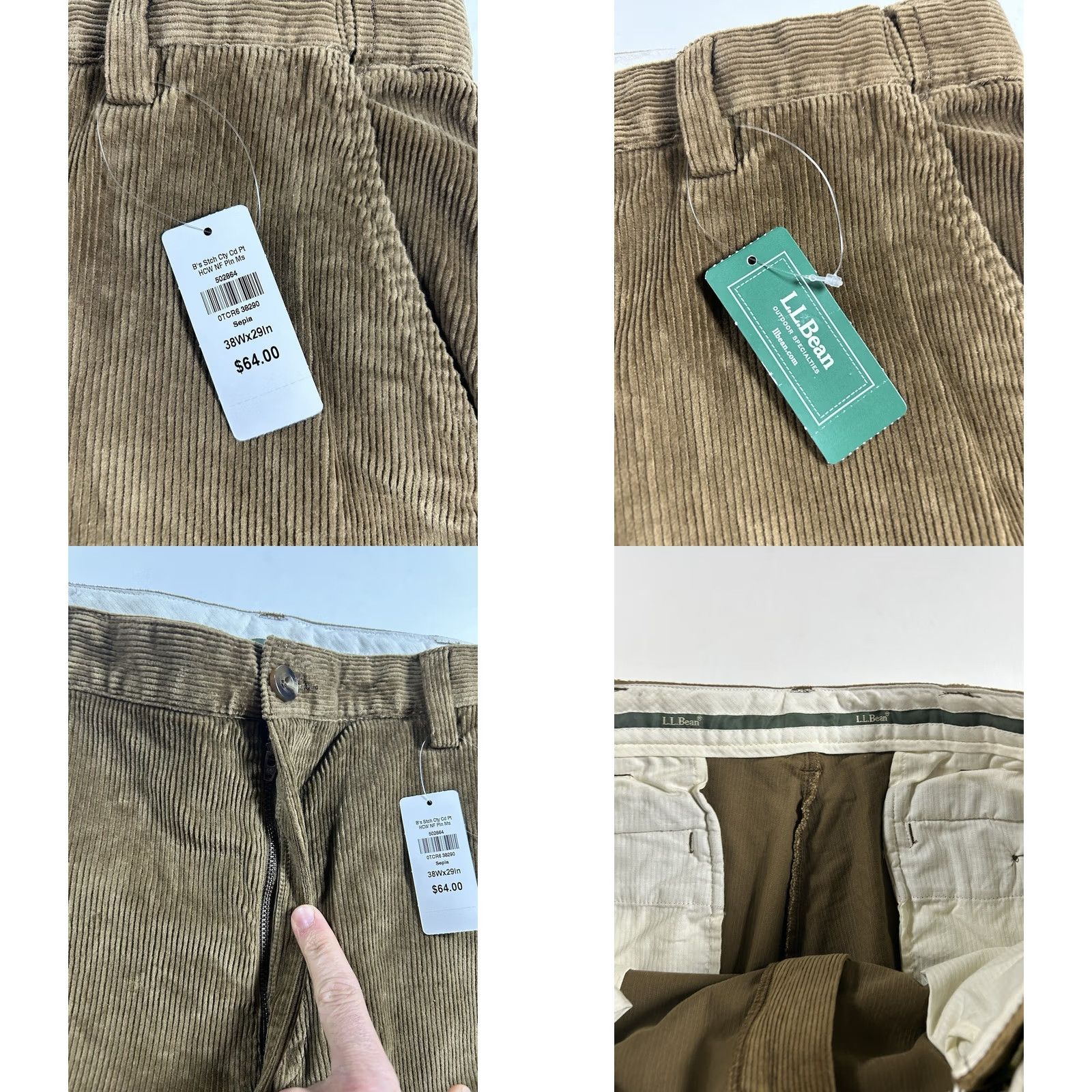 Vintage L.L. Bean Men's Corduroy Pants 38x29 Brown Khaki Comfort Waist Casual Straight Leg Regular Fit Flat Front NWT Size US 38 / EU 54 - 8 Thumbnail