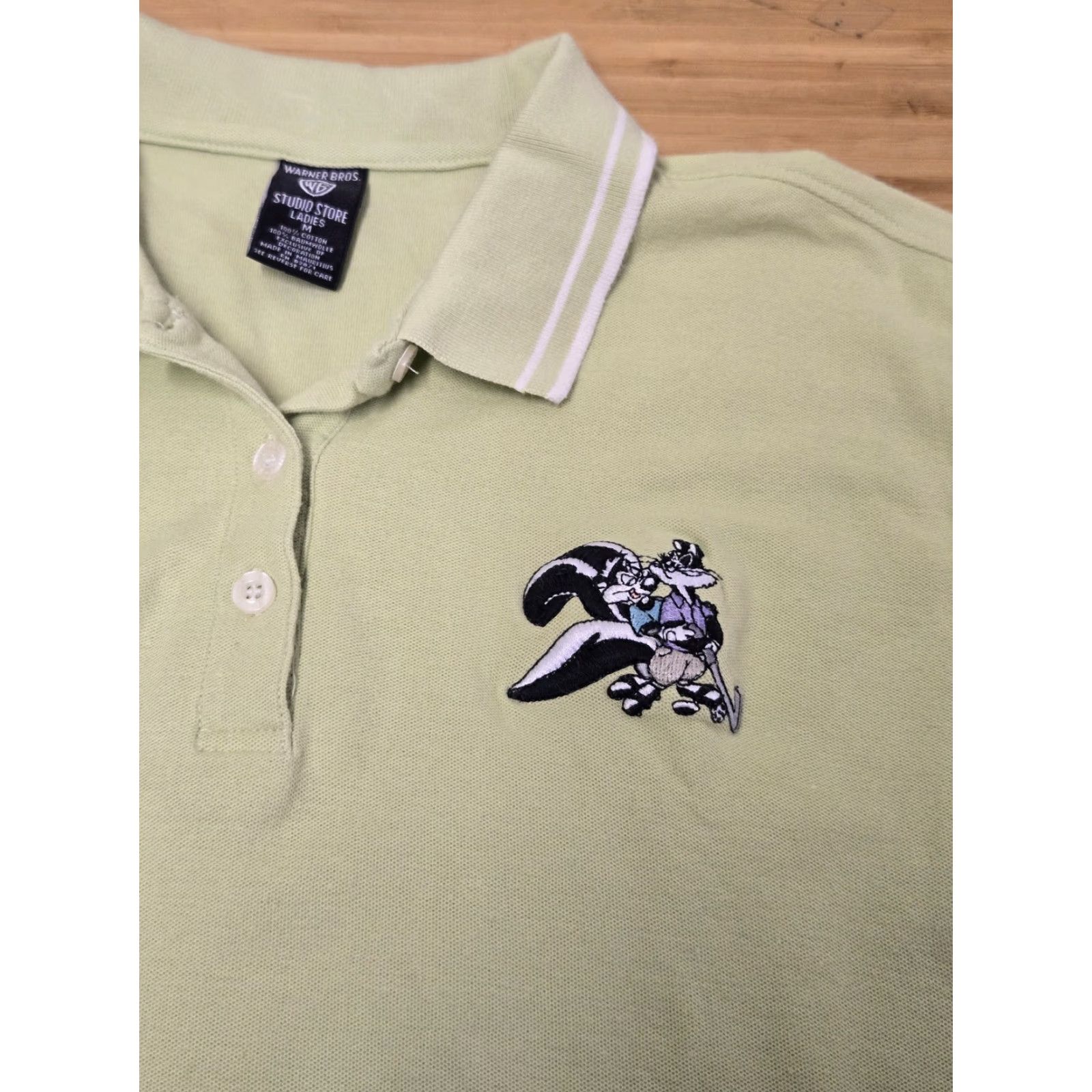 Vintage Warner Bros Studio Store Polo Shirt Womens Pepe Le Pew Embroidered Cartoon Green Medium Size M / US 6-8 / IT 42-44 - 2 Thumbnail