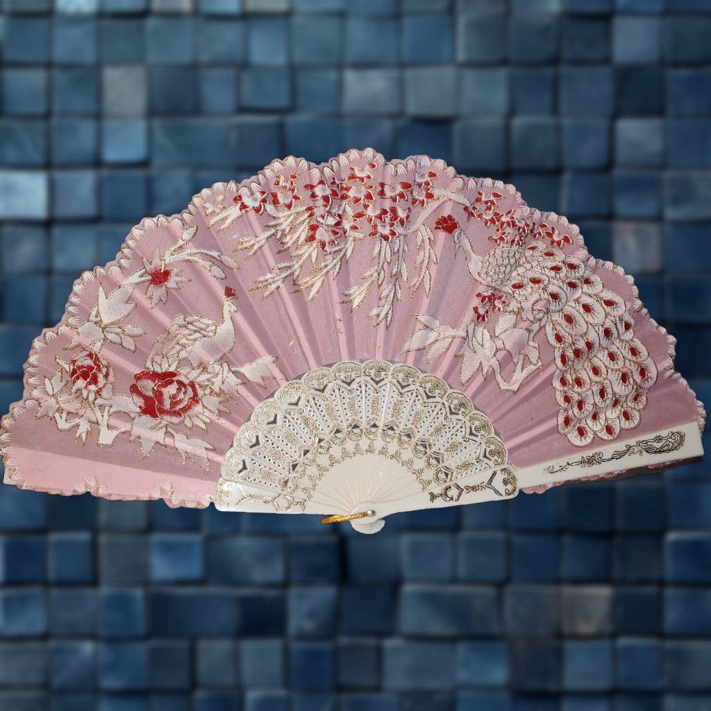 Vintage Vintage Hand Fan Peacock Flowers Pink Small Adult Fan 16 Inch Accessories Gift Size ONE SIZE - 1 Thumbnail