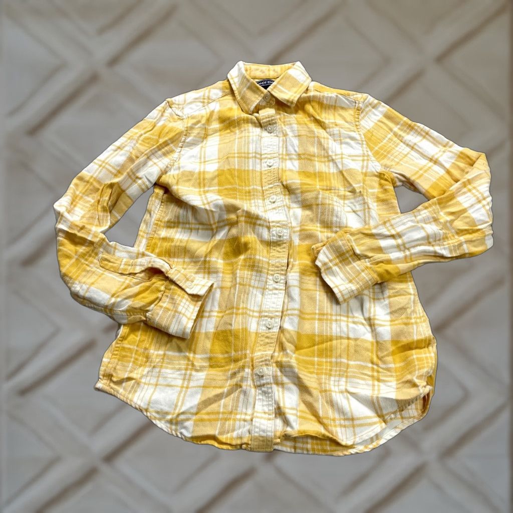 Lands' End VINTAGE Lands' End Women’s Button Down Shirt Casual Long Sleeve Plaid Cotton Fall Spring Summer Winter Size 2 Yellow White Size XS / US 0-2 / IT 36-38 - 1 Thumbnail