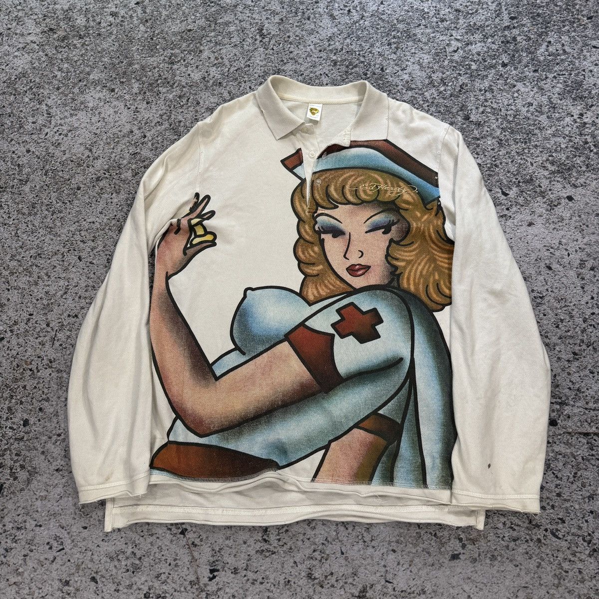 Ed Hardy Y2K Ed Hardy Thrashed Distressed Nurse Shirt ERD Grunge Size US L / EU 52-54 / 3 - 6 Thumbnail