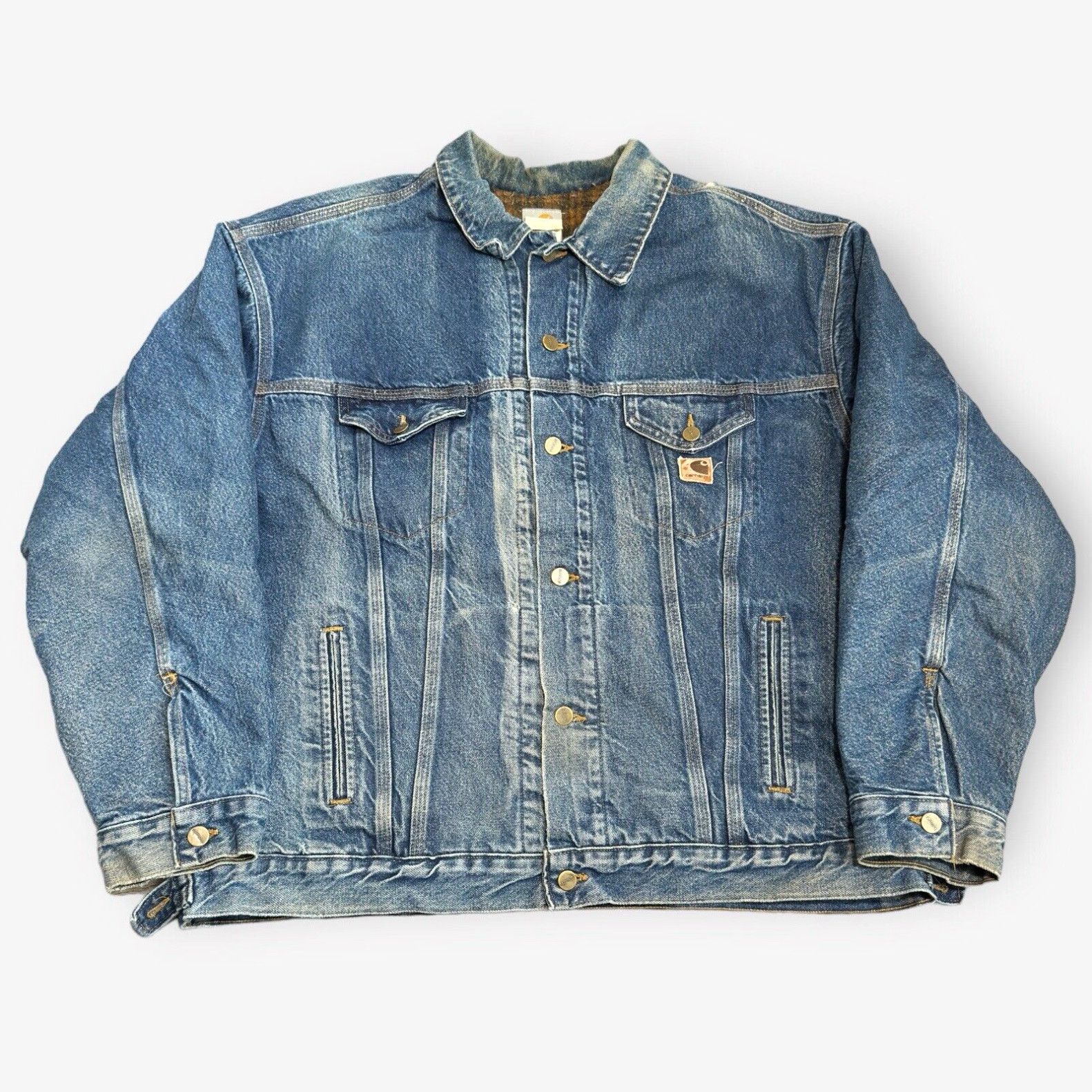 image of VTG 1990S Carhartt J11Dst American-Made Denim Trucker Jacket. Blanket Lined in White (Size 2XL)