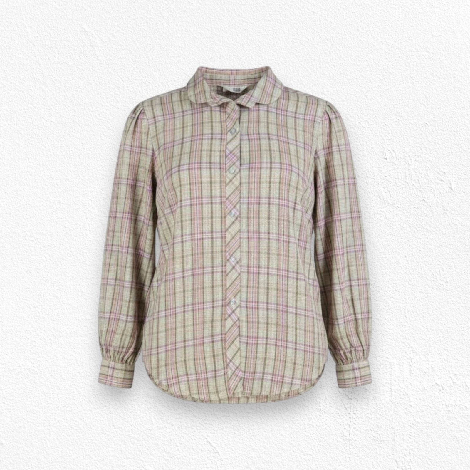 Vintage 1970s Cream Plaid Puff Sleeve Blouse Prairie Top Size 12 Size XL / US 12-14 / IT 48-50 - 1 Thumbnail