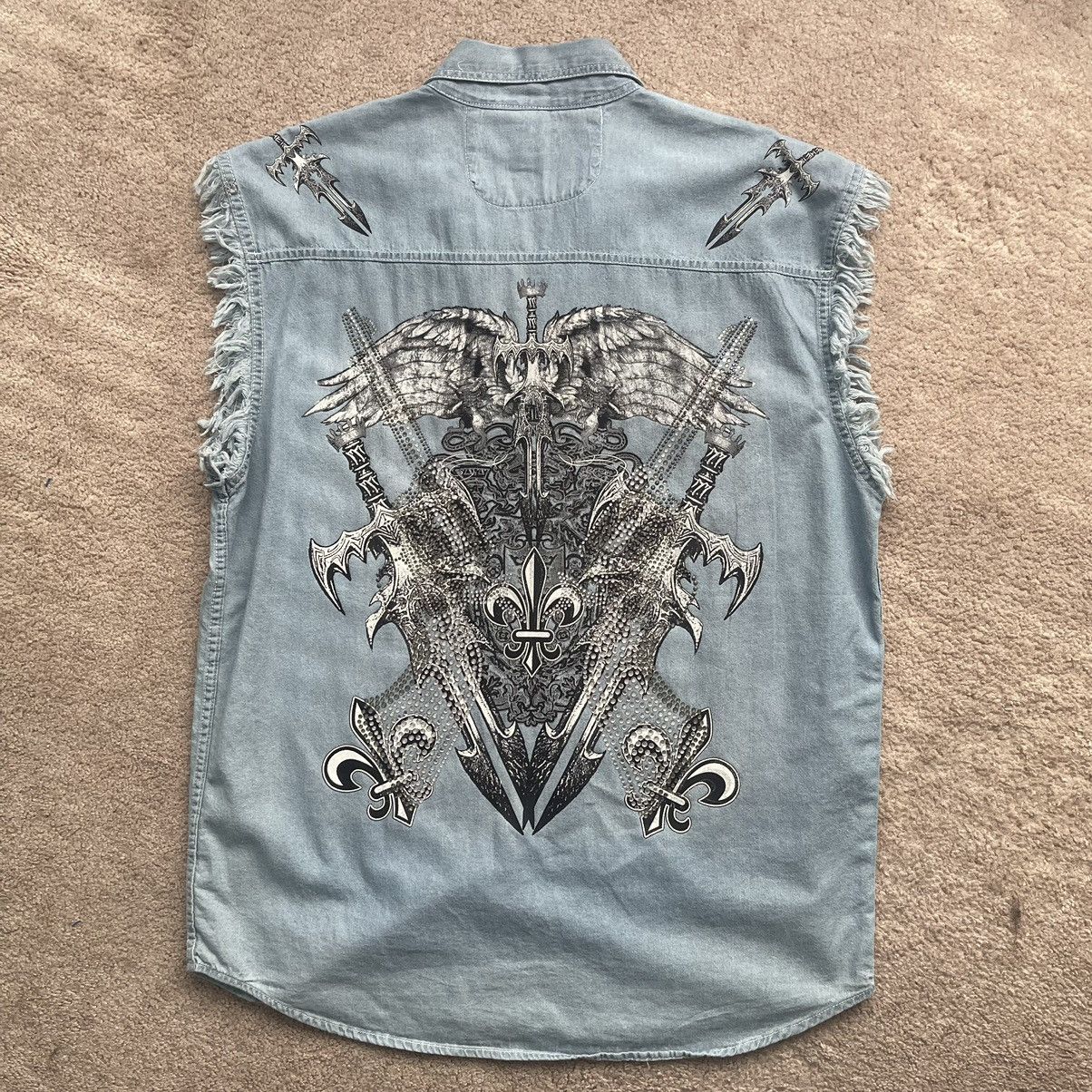 image of Super Sick Vintage Denim Button Up Sleeveless Affliction XL in Blue, Men's