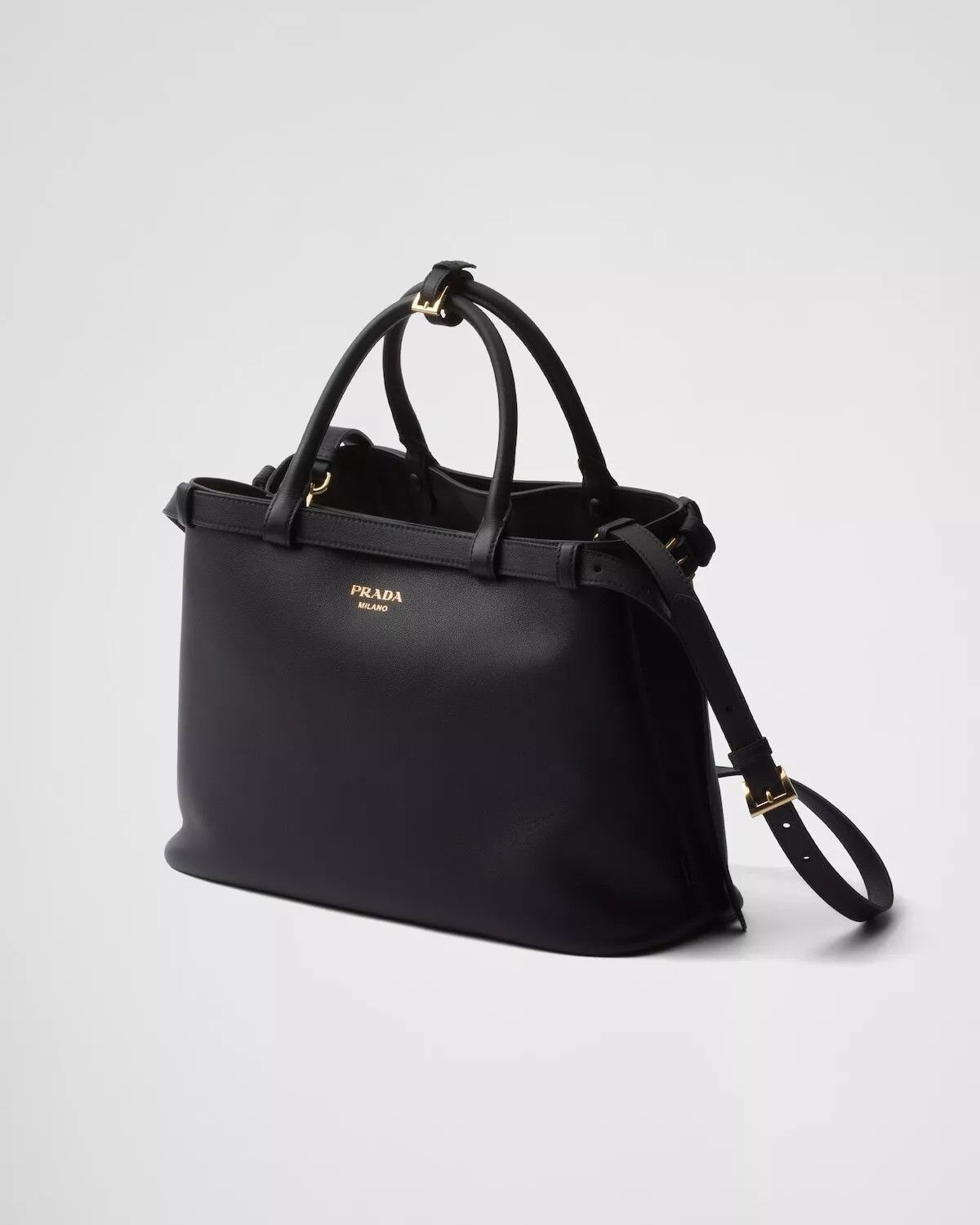 Prada PRADA Buckle Medium Black Leather Double Belted Handbag New Size ONE SIZE - 2 Thumbnail
