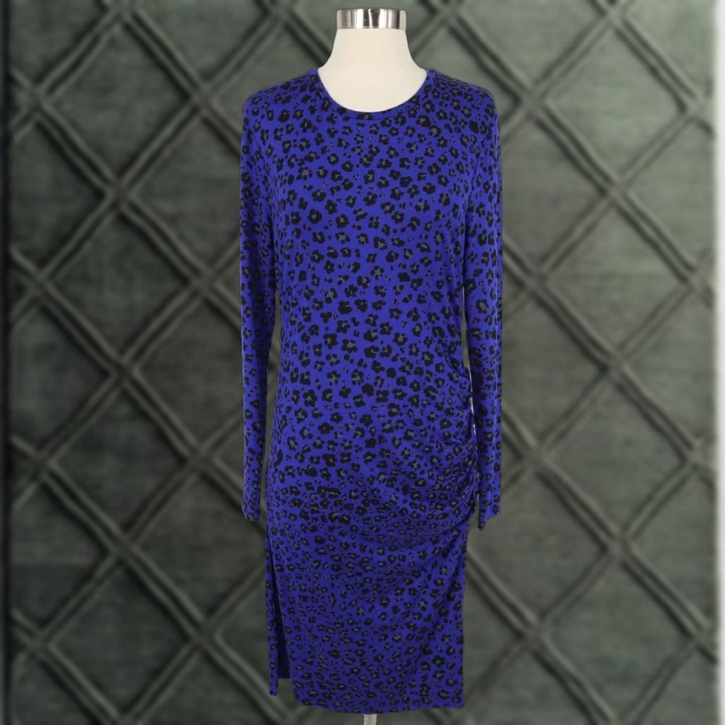 L.K. Bennett Dress Womens US 8 Blue Leopard Ruched Stretch Jersey Sheath
