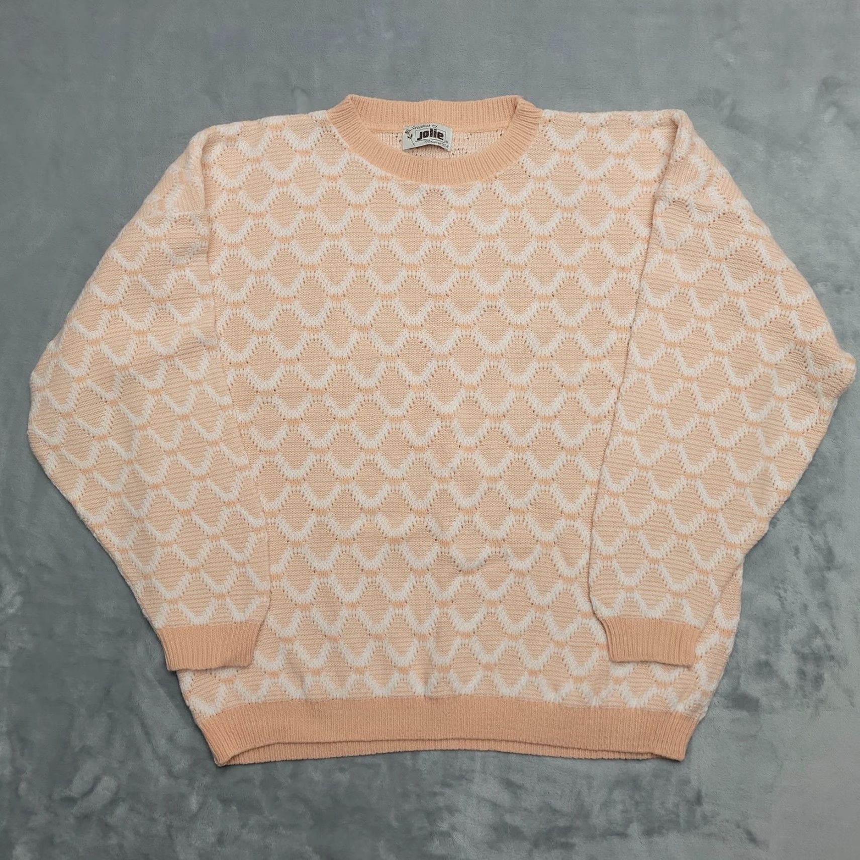 Vintage VTG Jolie Womens 22W Peach White Knit Geometric Pullover Crew Neck Long Sleeve Casual Made in USA Mens? No. Size 3XL / US 20-22 - 2 Thumbnail