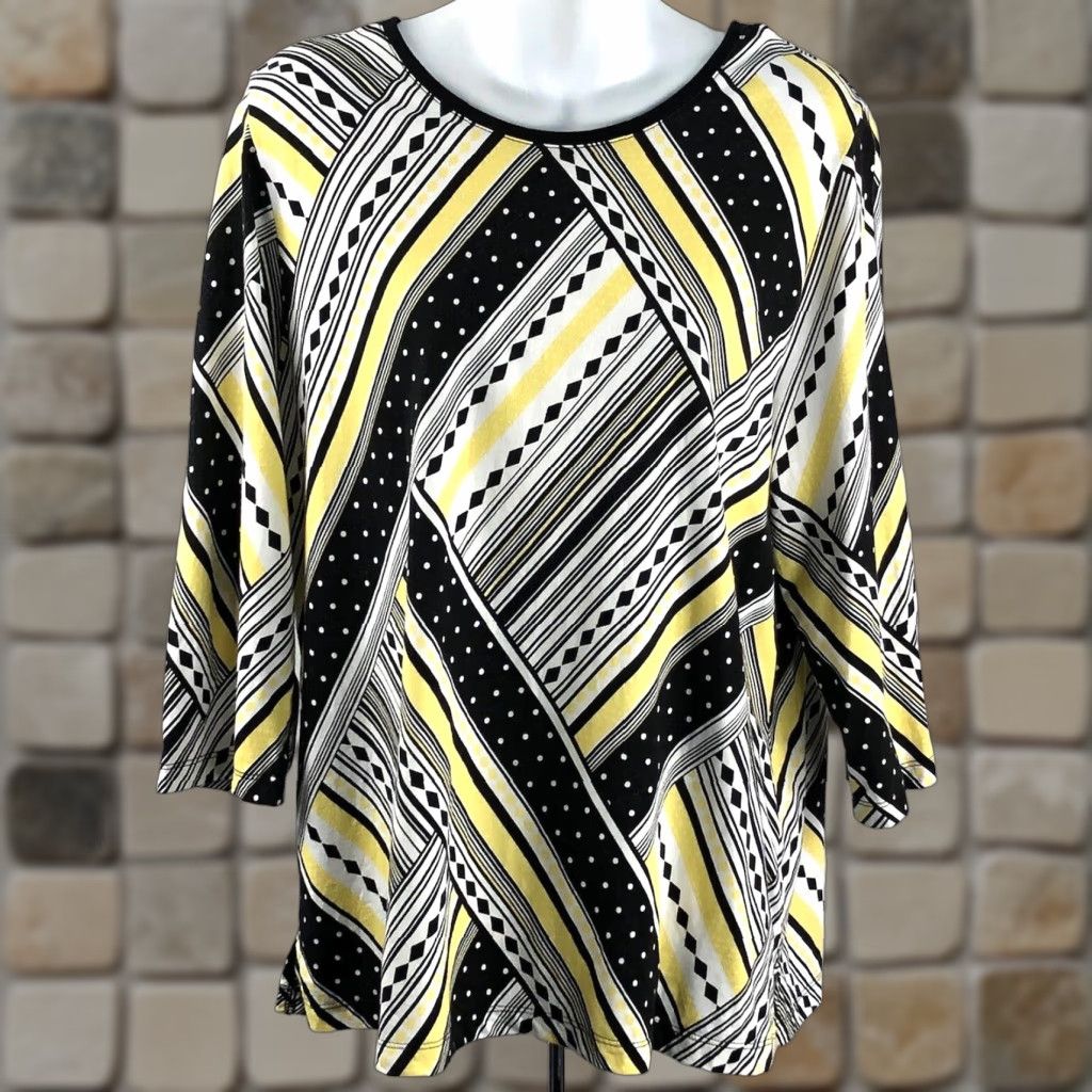Vintage VINTAGE CJ Banks Jersey Top Plus X Yellow Black Print Geometric 3/4 Sleeve Scoop Neck Blouse Women Size XL / US 12-14 / IT 48-50 - 1 Thumbnail