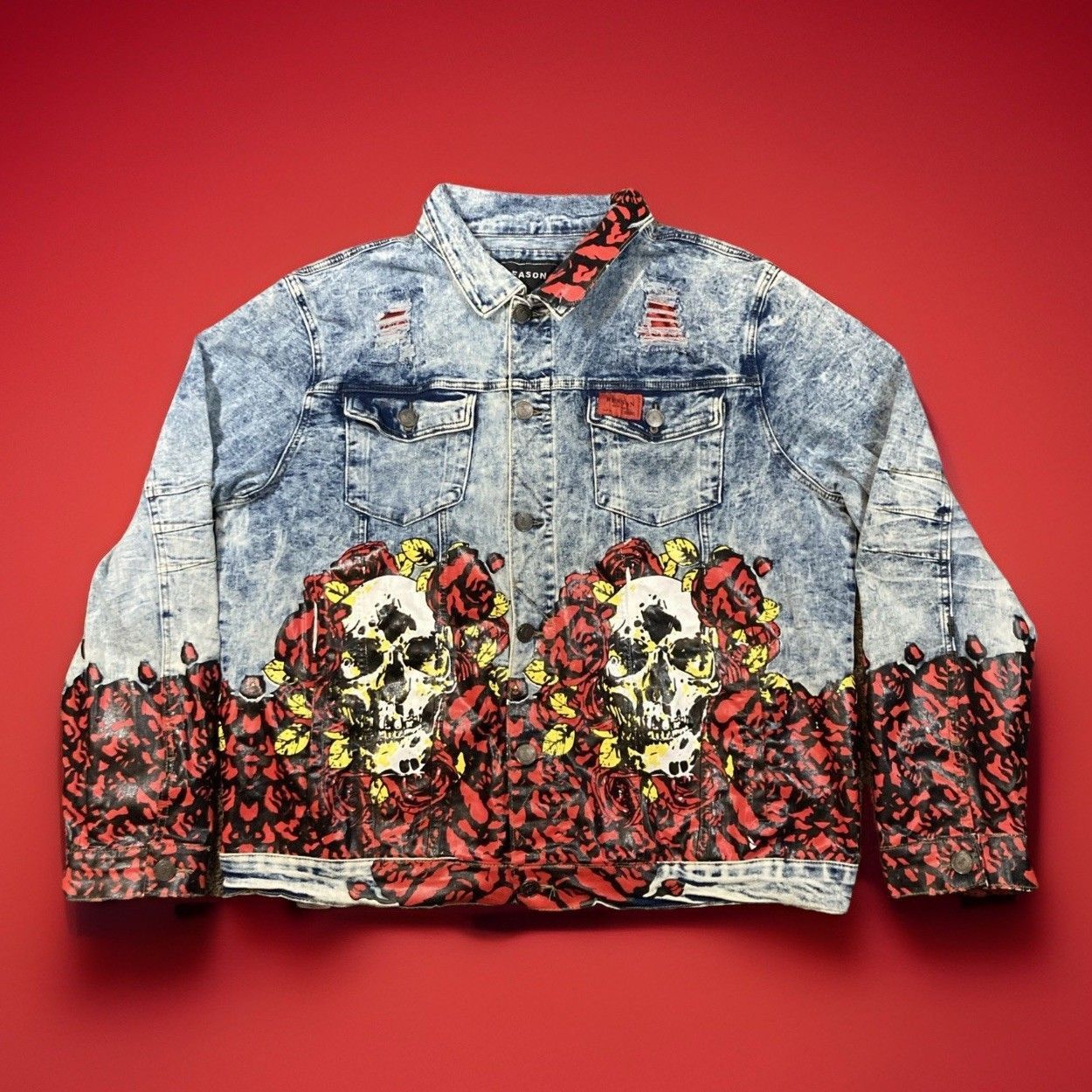 Reason Reason Denim Jean Jacket Grunge Skull Painted Roses Mens XL Size US XL / EU 56 / 4 - 1 Thumbnail