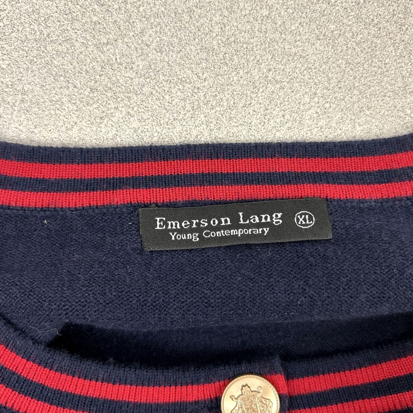 Vintage Emerson Lang Cardigan Sweater Womens XL Navy Crew Neck Stripe Trim Gold Button Size XL / US 12-14 / IT 48-50 - 5 Thumbnail
