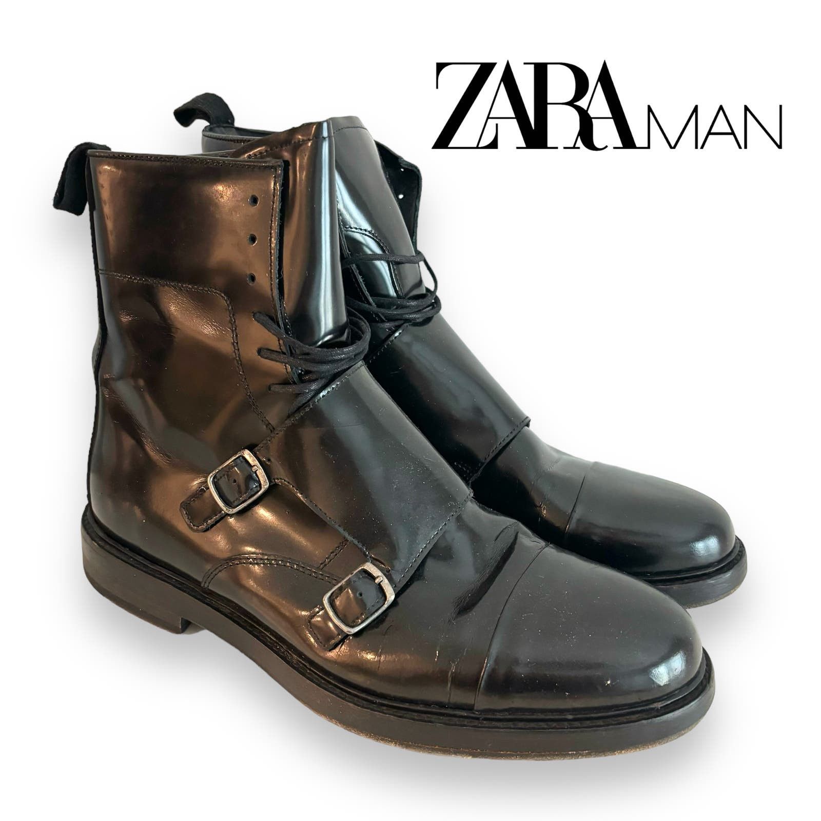 image of Zara Monk Strap Boots Size 43 Mens 10 Black Avant Garde