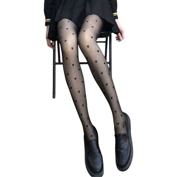 Other Women Black Heart Pattern Tight Stocking Size ONE SIZE - 4 Thumbnail
