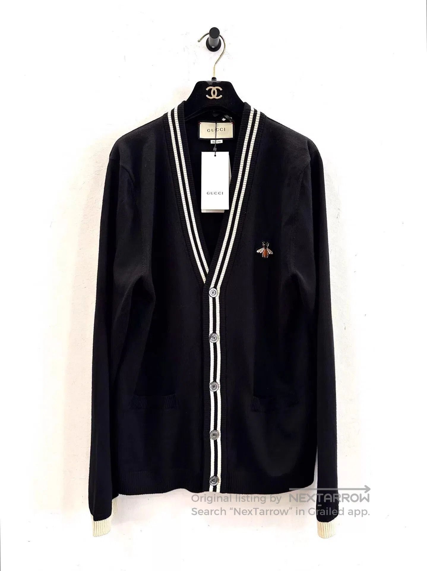 Gucci Black Cardigan with White Trim and Bee Embroidery. Size US M / EU 48-50 / 2 - 1 Thumbnail