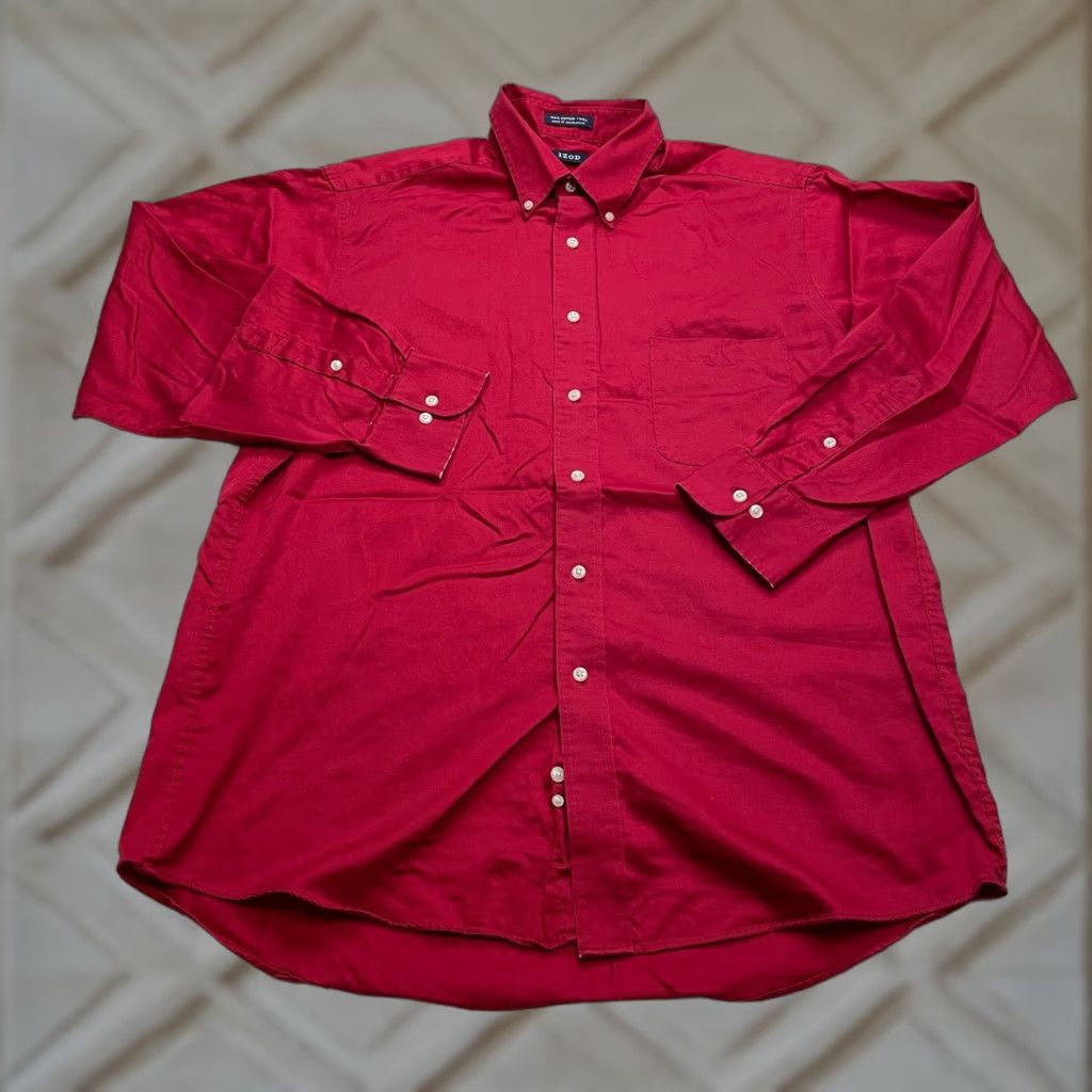 Izod VINTAGE IZOD Shirt Mens 16.5 32/33 Large Red Long Sleeve Button Down Collar Dress Twill Size 42R - 1 Thumbnail