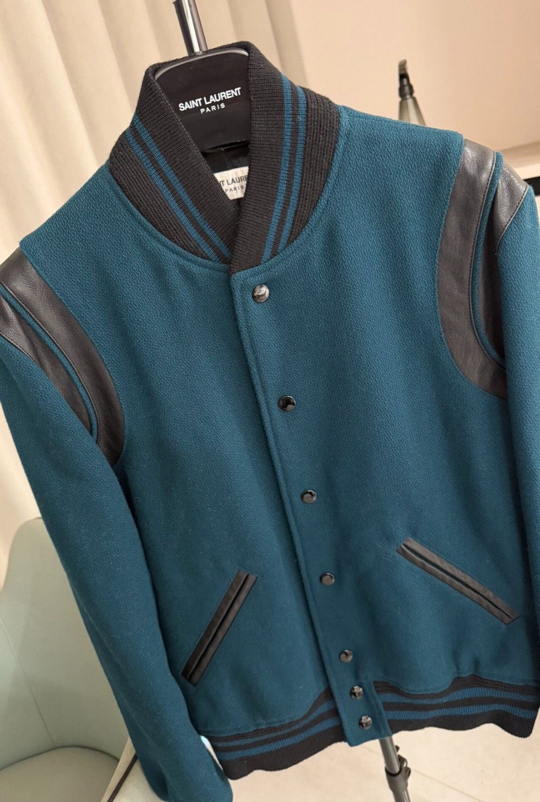 Saint Laurent Paris Saint Laurent SLP 2018FW Blue-Green Teddy Varsity Jacket Size US S / EU 44-46 / 1 - 3 Thumbnail