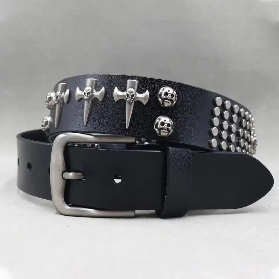 Leather Studded Skull Punk Rock Split Leather Belt Size ONE SIZE - 1 Thumbnail