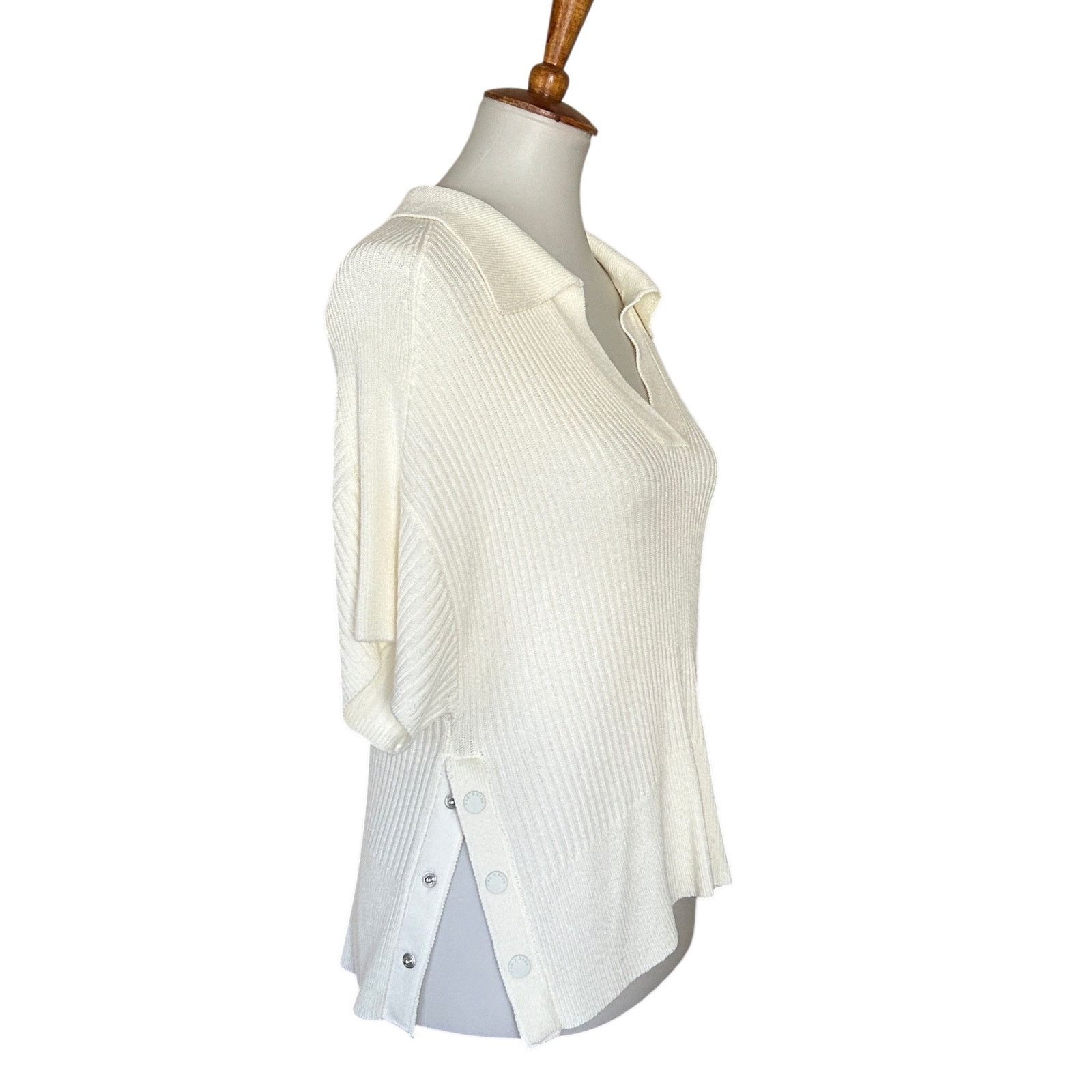 Rag & Bone Rag & Bone Ribbed Knit Polo Top Cream Viscose Johnny Collar Size S / US 4 / IT 40 - 4 Thumbnail