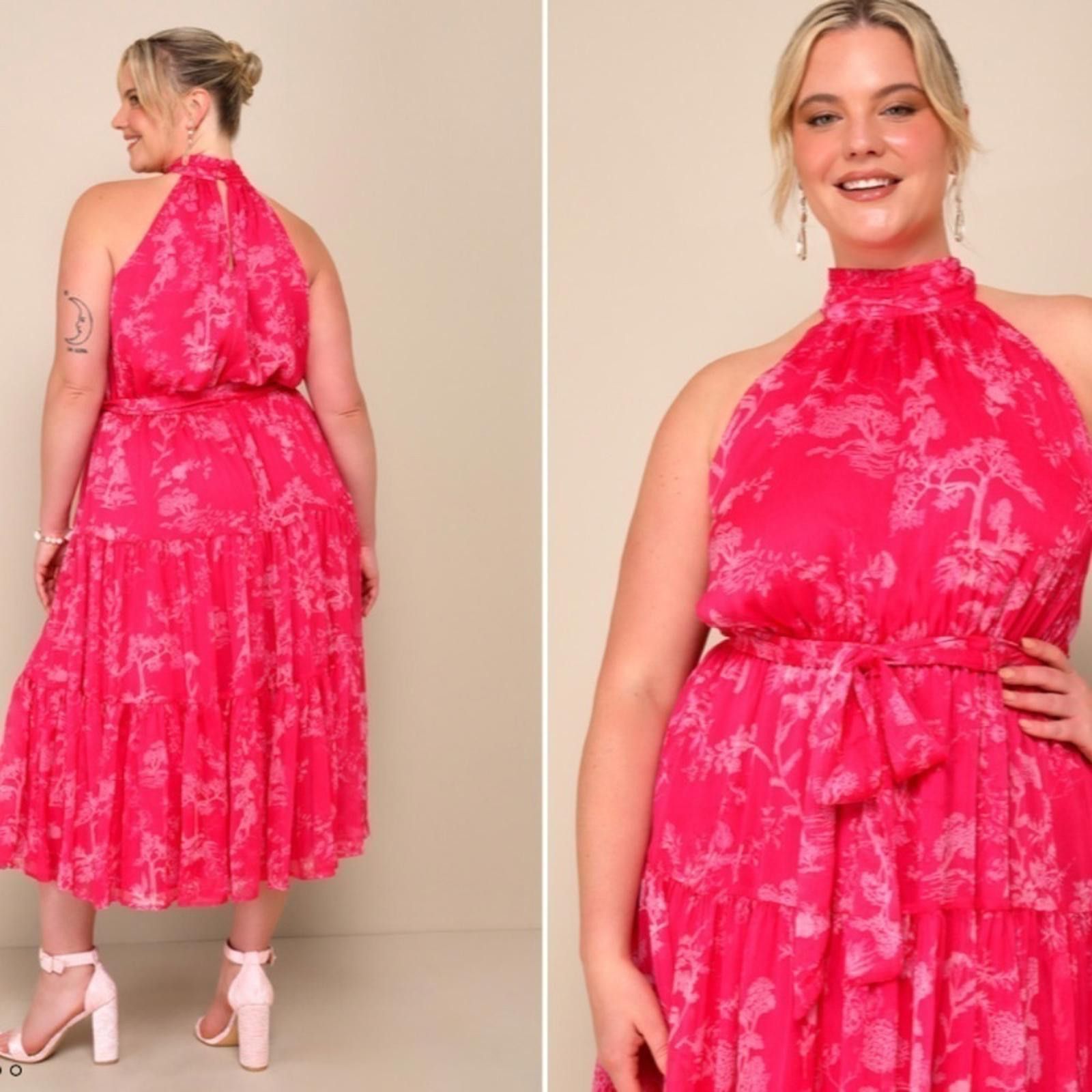Lulus LULU's Floral Sexy Flowy Chic Halter Neck Hot Pink Midi Size S / US 4 / IT 40 - 5 Thumbnail