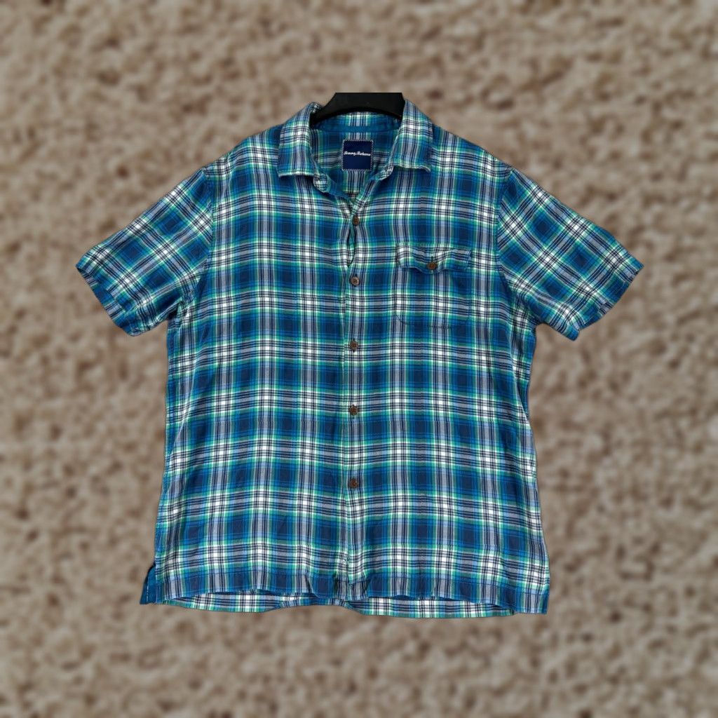 Tommy Bahama Tommy Bahama Shirt Men Large Blue Green Plaid Button-Up Pocket Silk Beach 100% Silk Vacation Aloha Resort Casual Mens Shirt Size US L / EU 52-54 / 3 - 1 Thumbnail