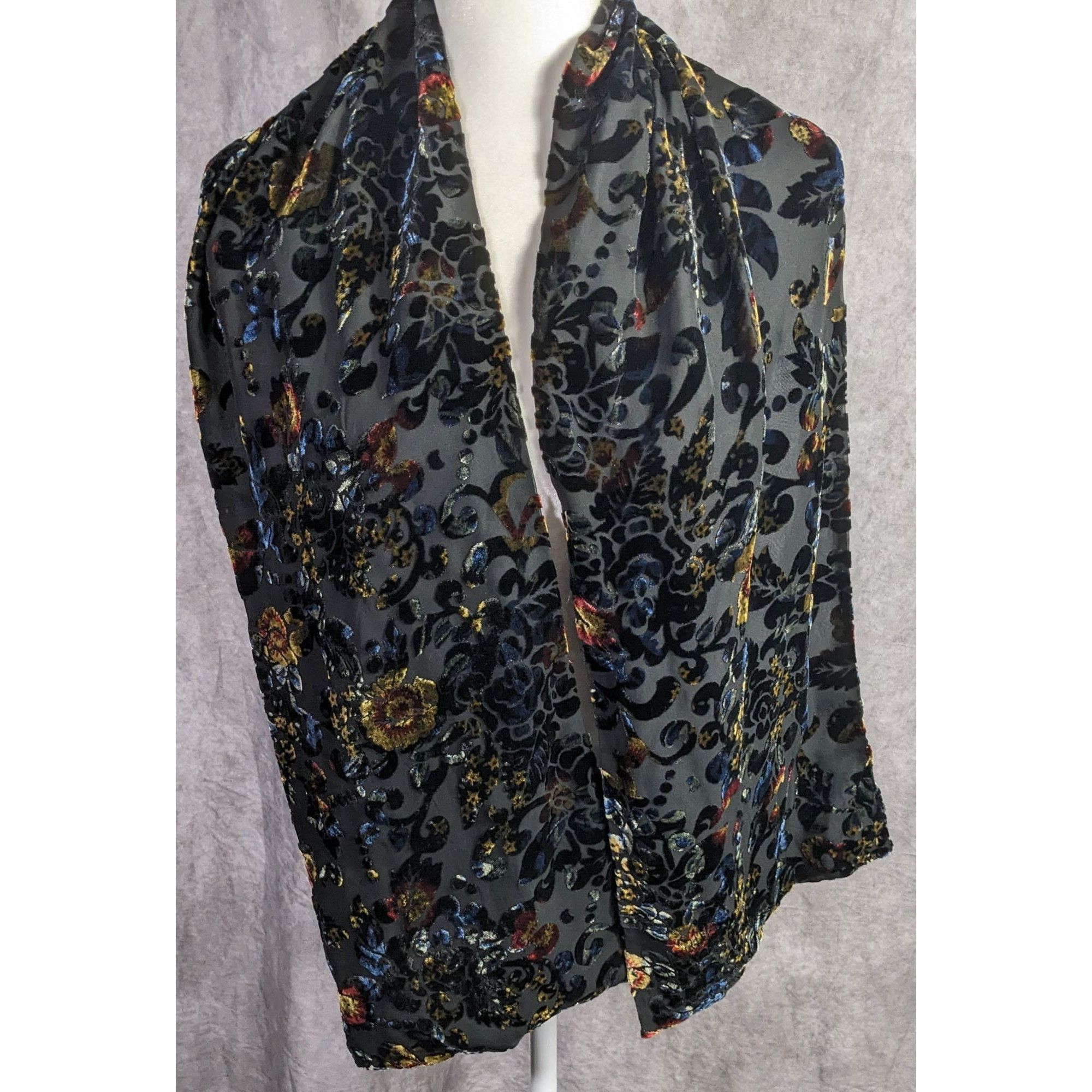 Other Vintage Dark Rainbow Burnt Velvet Floral Scarf Size ONE SIZE - 6 Thumbnail